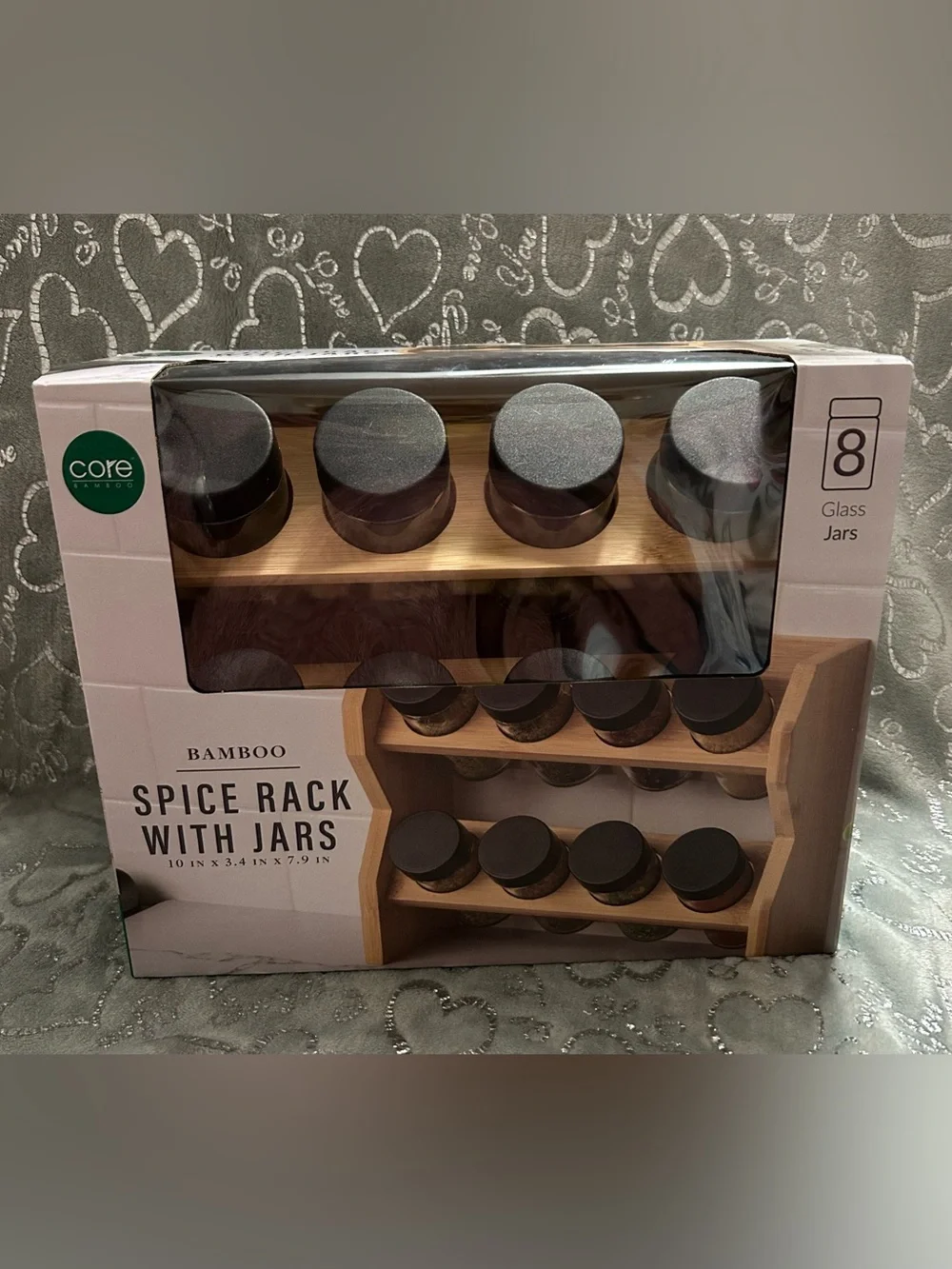 NWT Core Bamboo, Spice Rack with 8 Clear Jars and Black Lids